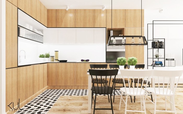 Dapur Skandinavian dengan motif geometris